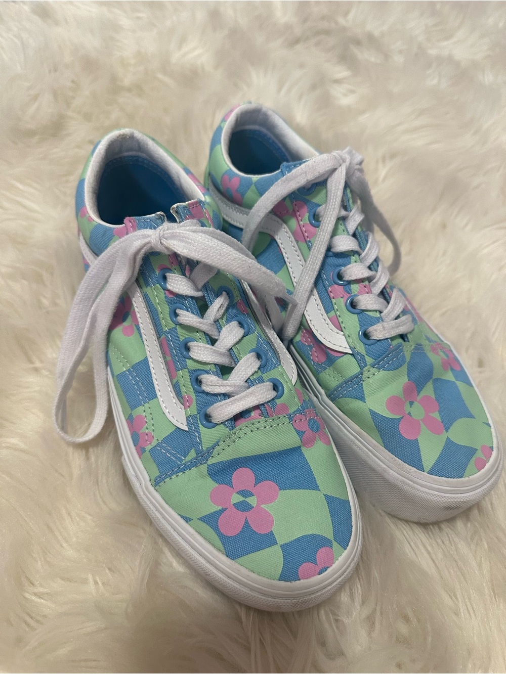 Vans Pastel Checker Floral Low-Top platform Sneakers in Light Blue, Mint & Pink